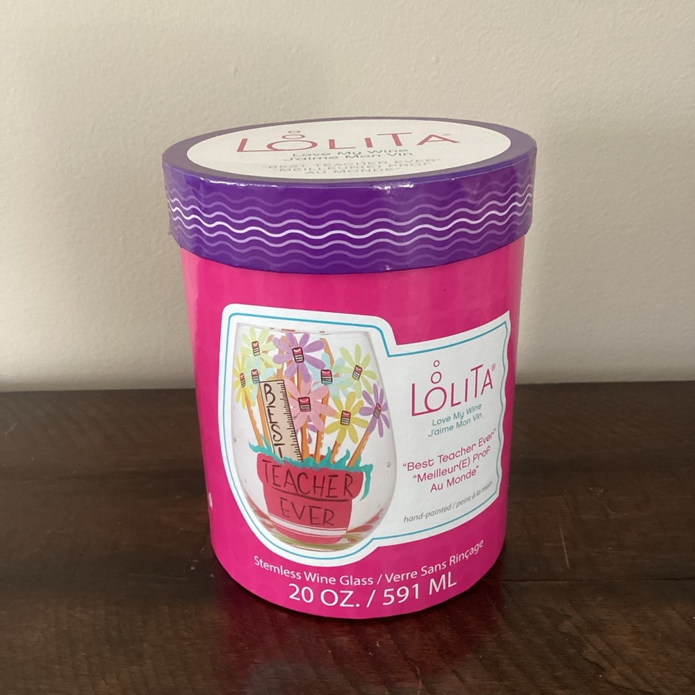Lolita Love My Wine “Best Teacher Ever” Stemless Wine Glass Handpainted
